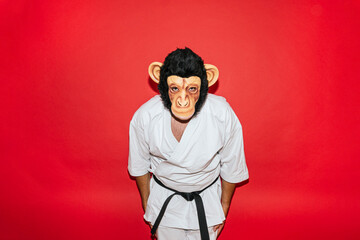 Man with monkey mask practicing martial arts.