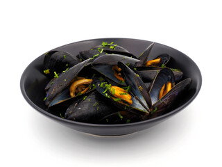 Cooked mussels upper view isolated on white background