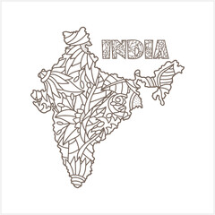 Doodle India map isolated. Eco design. Coloring page book. Hand drawn line art. Sketch vector stock illustration. EPS 10