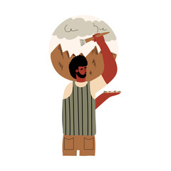 Afro male artist paints a landscape. Art therapy. Hand drawn style vector illustration.