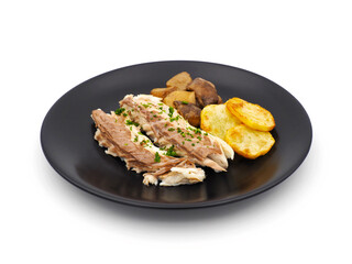 Sea bass fish fillet with potatoes and porcini mushrooms isolated on white background