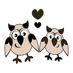 two owls in love with hearts. Cartoon birds. Pastiche. Children drawing