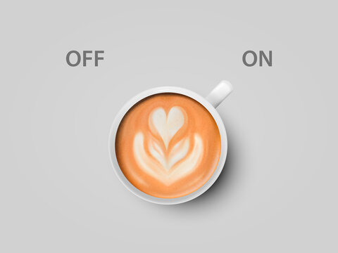 Vector 3d Realistic Off, On Switch with Cappuccino, Latte Coffee in White Ceramic, Porcelain Coffee Mug on Whitek. Coffee Cup Icon. Concept Creative Banner with Coffee Cup. Design Template. Top View