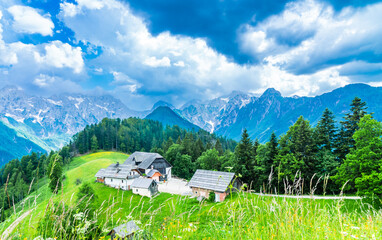 Mountain landscape, Alps in Slovenia with farm next to Logarska dolina © streetflash