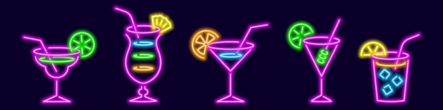 Popular neon glowing cocktails with straws. Bright pina colada with pineapple wedge and purple tequila sunrise with lemon. Colorful cuba libre and rich vector screwdriver.