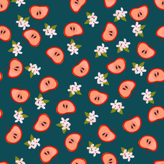 Apples seamless pattern. For fabric, gift wrap,interior  paper, cover, wall art, decoration.Hand drawn colored Vector illustration
