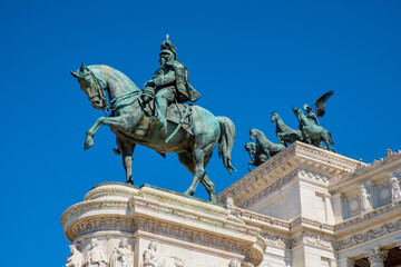 Fototapeta premium Statue of Victor Emmanuel II king of united Italy by Enrico Chiaradia within Altare della Patria monument at Piazza Venezia Square in historic city center of Rome in Italy