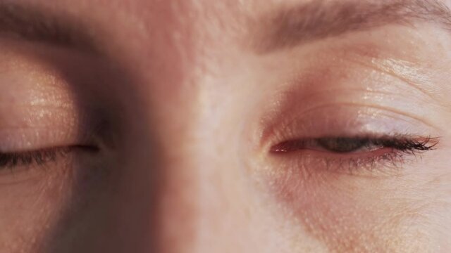 Female sight. Ophthalmology problem. Health care treatment. Macro view of green eyes unrecognizable woman nude makeup.