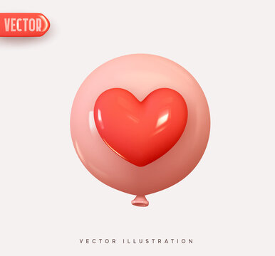 Pink round helium balloon with red heart. Vector illustration