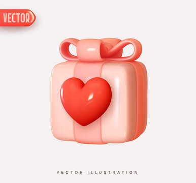 Pink gift box with red heart. Vector illustration