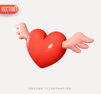 Red heart With wings. Realistic 3d design Icon heart symbol love. Vector illustration