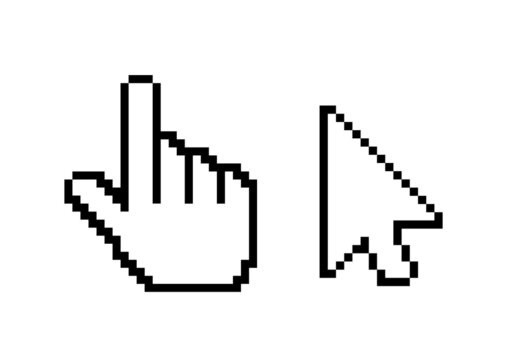 Pixelated cursor. Computer Mouse click cursor. Mouse pointers set. Black vector icons of arrows and hands. Vector clipart.	