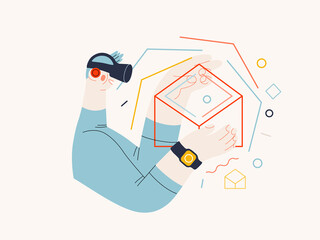 Technology Memphis - virtual reality -modern flat vector concept digital illustration of a man wearing VR goggles headset touching a simulated 3d construction. Creative landing web page illustration