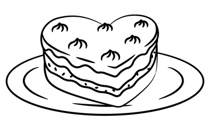 A simple drawing of a heart shaped cream cake. Pie on a plate.
