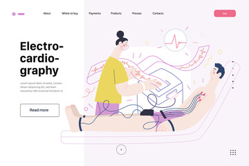 ECG electrocardiography -medical tests web template Modern flat vector concept digital illustration of ECG procedure -patient with sensors and doctor carrying out procedure, medical office, laboratory