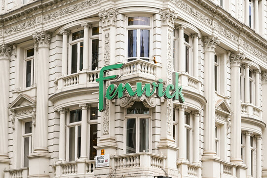 London, England - June 2020: Sign above the entrance to the Fenwick department store in central London