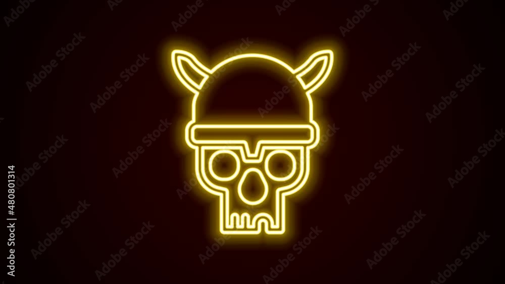 Poster Glowing neon line Skull with viking helmet icon isolated on black background. Happy Halloween party. 4K Video motion graphic animation