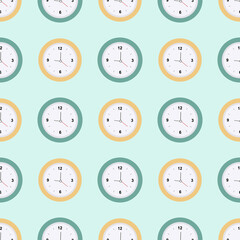 A pattern of yellow and green clocks on a light background