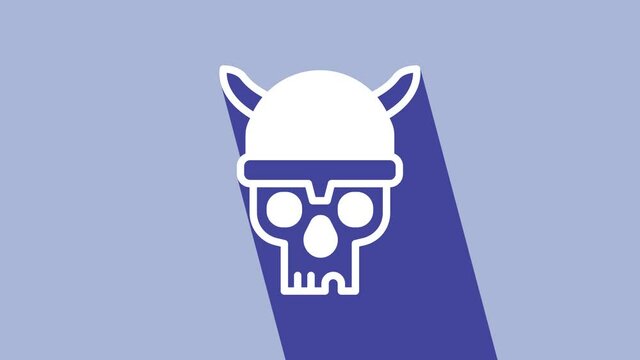 White Skull with viking helmet icon isolated on purple background. Happy Halloween party. 4K Video motion graphic animation