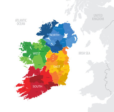 Map of the Ireland with administrative divisions of the country into provinces and counties, detailed vector illustration