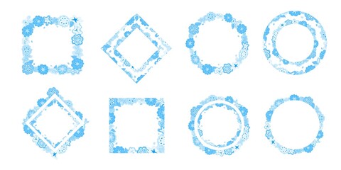 Floral wreath set, blue rectangular and round doodle frames, made of flower, star, cloud shapes. Copy space hand-drawn design elements in shades of blue