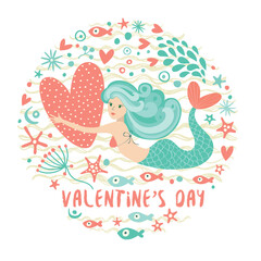 Valentine's Day. Cute mermaid with a big heart in her hands. Fashion print for your design.