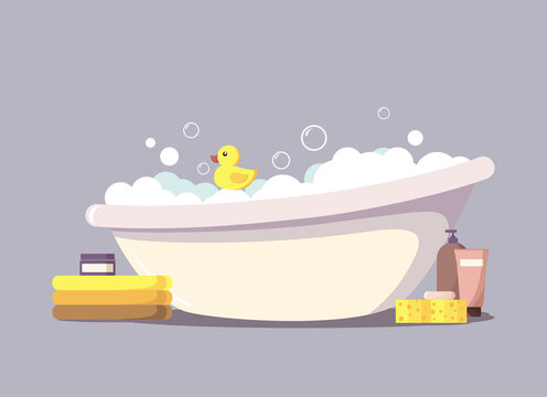 Baby bath with foam, soap bubbles and yellow rubber duck. Cozy bathroom with towels, shampoo, cream, washcloth and soap. The concept of bathing and cleanliness. Stock vector illustration in flat style