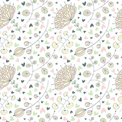 Seamless pattern with plants, leaves and flowers.
