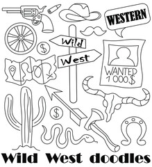 Set of cowboy western doodles of the Wild West - Cowboy hat, cow skull, pistol with bullets, signpost, wheel, map, cactus, mustache, coins, arrow, axe, snake, horseshoe. Illustrations of linear