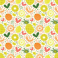 Seamless pattern with pineapples, oranges, lemons and hearts.