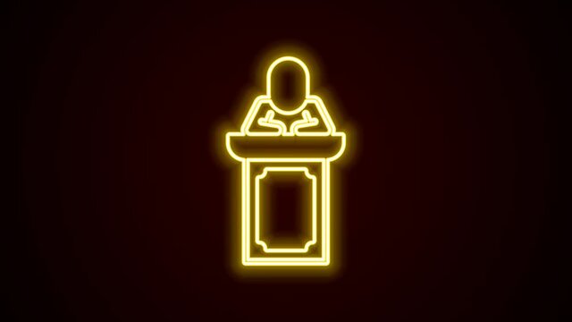 Glowing neon line Auction auctioneer sells icon isolated on black background. Auction business, bid and sale. 4K Video motion graphic animation