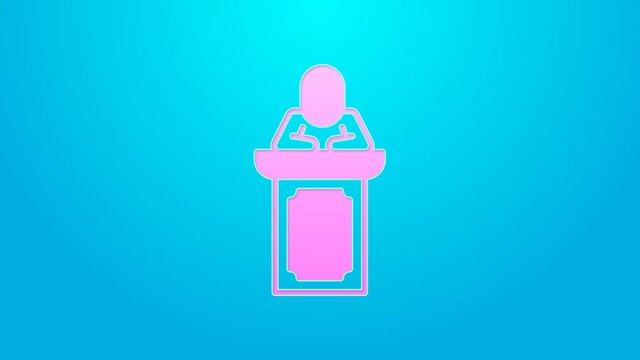 Pink line Auction auctioneer sells icon isolated on blue background. Auction business, bid and sale. 4K Video motion graphic animation