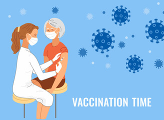 Vaccination time. Nurse vaccinating aged woman.