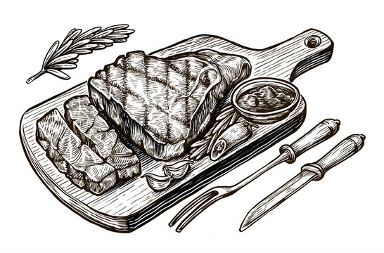 Steak bbq drawing. Meat hand drawn illustration