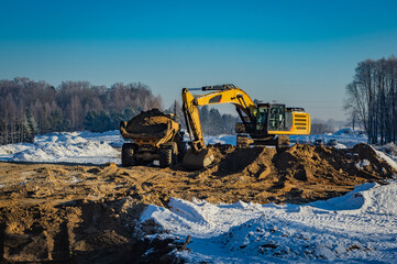 excavator loads the dumper with earth - obrazy, fototapety, plakaty