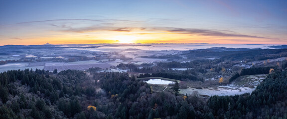 Aerial cold frosty fall sunrise Oregon Willamette Valley