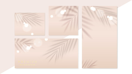 Beige abstract banner vector set. Showcase or poster with palm leaves shadow and sun rays. Summer backgrounds in soft pastel color