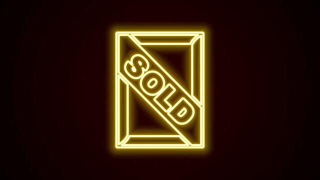 Glowing neon line Auction painting sold icon isolated on black background. Auction bidding. Sale and buyers. 4K Video motion graphic animation