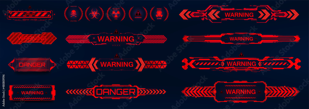 Poster Futuristic warning signs in HUD interface style. Red notification - warning and danger for game UI, UX, GUI. Futuristic sci-fi callout headings, infobox panels, pop up, infobox. HUD vector elements