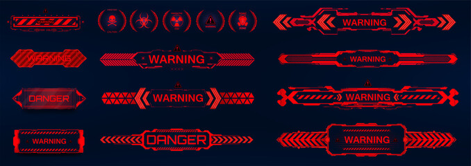 Futuristic warning signs in HUD interface style. Red notification - warning and danger for game UI, UX, GUI. Futuristic sci-fi callout headings, infobox panels, pop up, infobox. HUD vector elements - obrazy, fototapety, plakaty