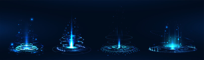 Futuristic Holograms and Magic teleportation portal. Realistic Light aura and glowing hologram. Futuristic lighting and circle wrapping aura. Podium, projector, teleport, portal, level up. Vector set