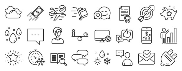 Set of Business icons, such as Businesswoman person, Users chat, Search text icons. Balance, Blog, Mobile finance signs. Cloudy weather, Twinkle star, Graph chart. Dating, Approved mail. Vector