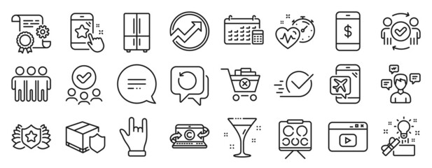 Set of Business icons, such as Recovery data, Audit, Calendar icons. Laureate, Conversation messages, Cardio training signs. Friendship, Horns hand, Approved teamwork. Video content. Vector