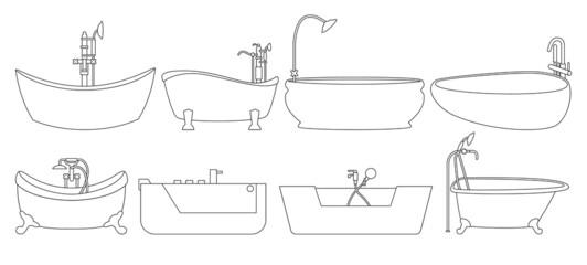 Bath vector outline set icon. Isolated outline set icon bathtub.Vector illustration bath on white background.