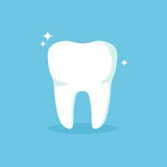 White tooth vector icon isolated on blue background. Oral hygiene, teeth cleaning. Dental health concept.
