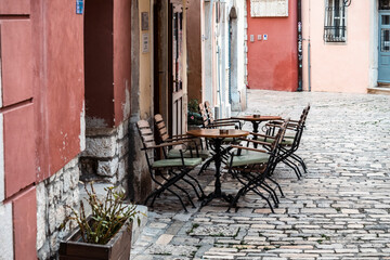 Empty cafe bars and terraces in the tourist destination of Rovinj, Croatia during winter season