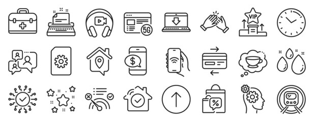 Set of Business icons, such as Support chat, Sale bags, Typewriter icons. Credit card, Metro subway, No internet signs. Work home, Headphones, Time. House security, Phone payment, Swipe up. Vector