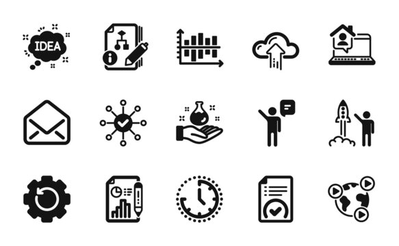 Vector set of Video conference, Time and Work home icons simple set. Idea, Mail and Agent icons. Survey check, Recovery gear and Launch project signs. Video conference simple web symbol. Vector