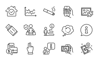 Business icons set. Included icon as Accounting report, Image album, Click hand signs. House security, Usb flash, Buyer insurance symbols. Payment method, Puzzle image, Restaurant app. Vector