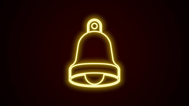 Glowing neon line Church bell icon isolated on black background. Alarm symbol, service bell, handbell sign, notification symbol. 4K Video motion graphic animation